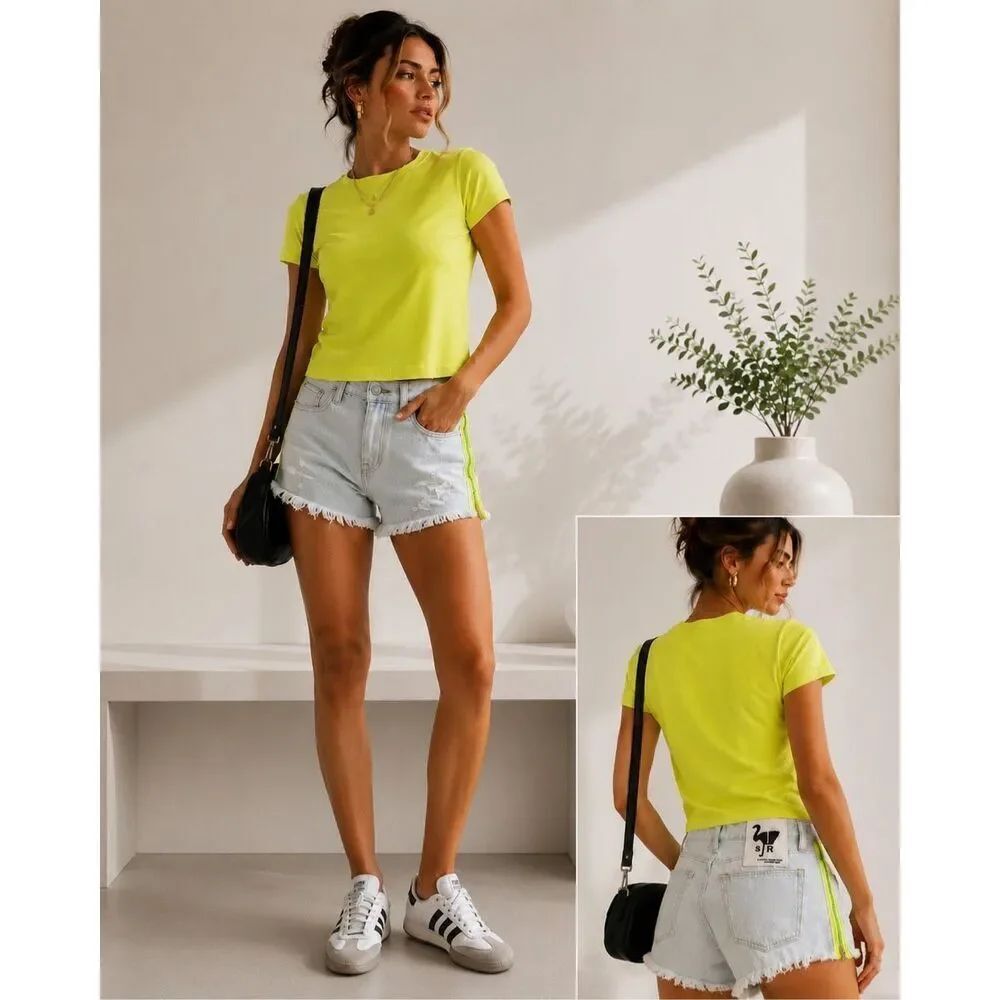 NWT Sandrine Rose Light Wash Denim Shorts Neon Side Zip Distressed Size 27 $159